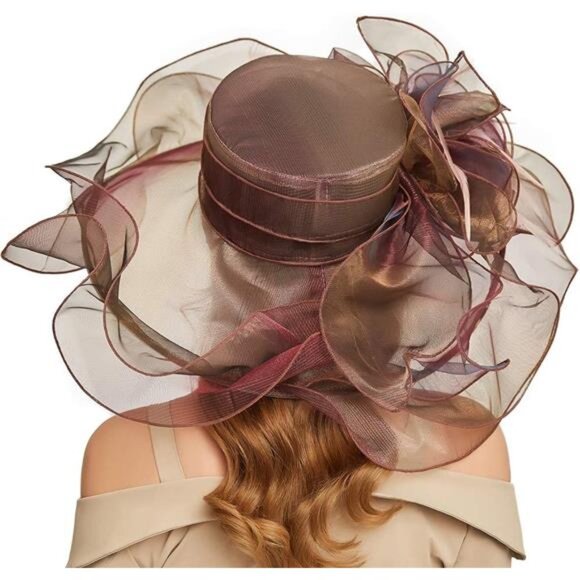 Women Sun Hat Church Wide Brim Brown - Picture 3 of 6